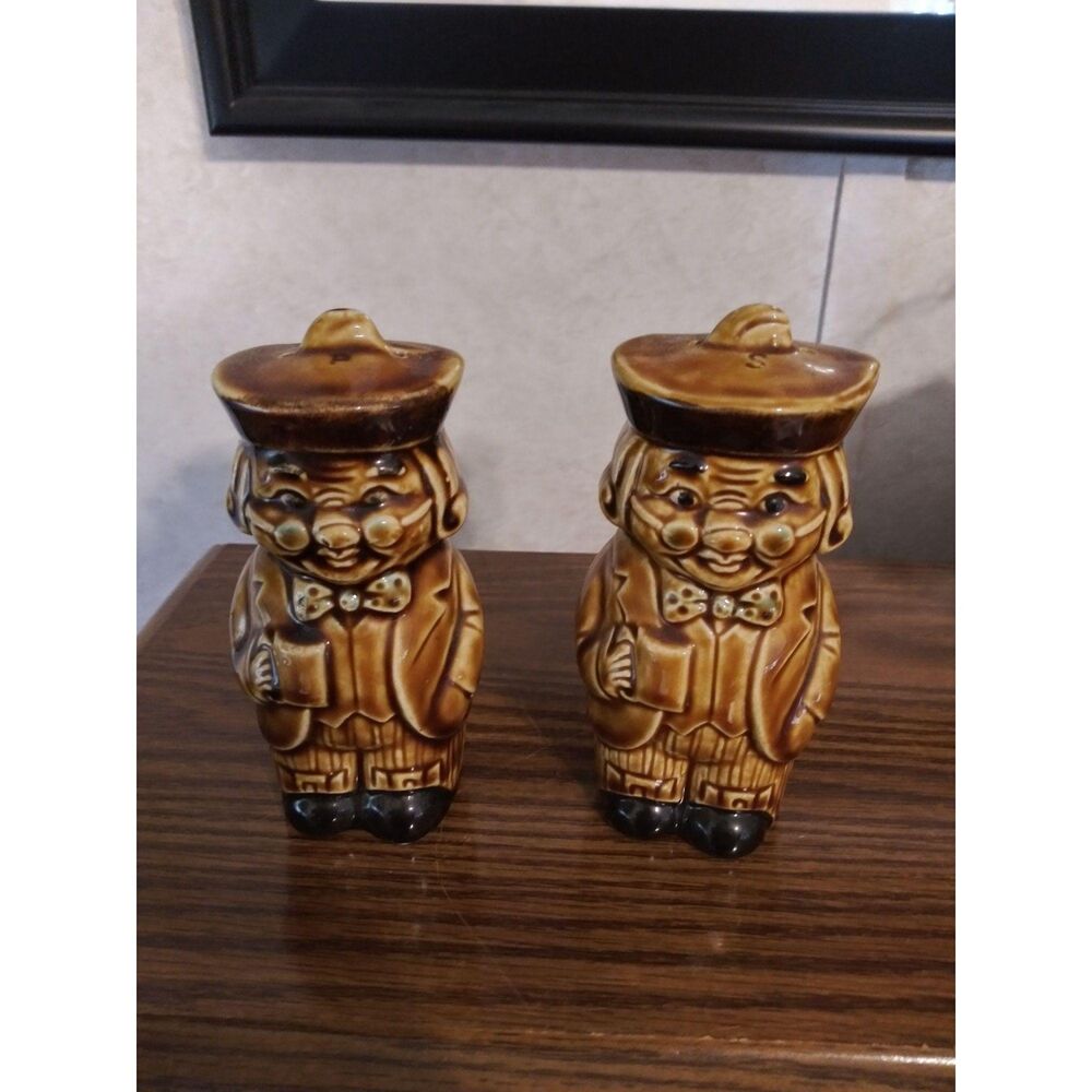 Vintage Japan Colonial Man Salt & Pepper Shakers Brown Ceramic Bow Tie Glasses